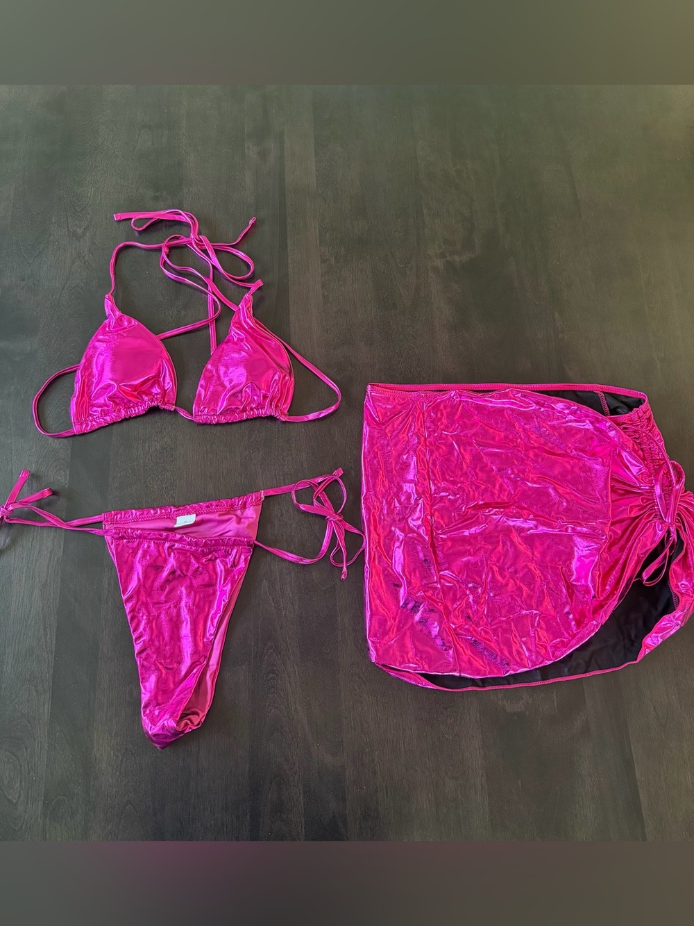 Hot Pink Shiny Bikini Set with Cover-Up